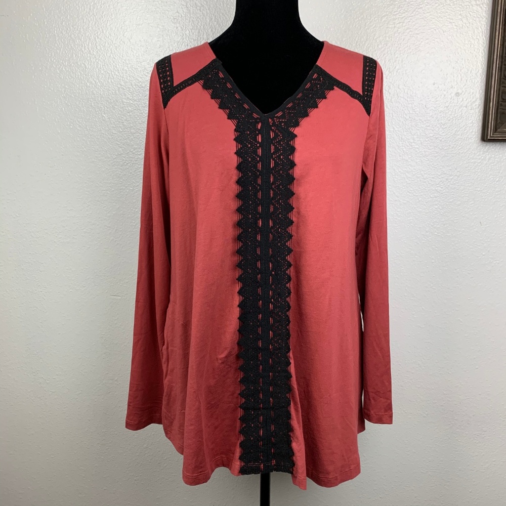 LOGO Lori Goldstein Tunic Top Brick Red Black Lace